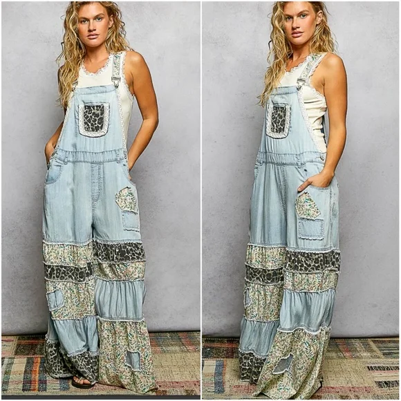 POL Floral Leopard Print Light Wash Wide Leg bib Overalls - Picture 3 of 4